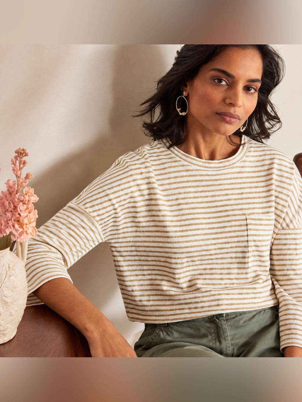 Boden Ottilie Linen Jersey Striped Top Gold Ivory Women Size 14-16